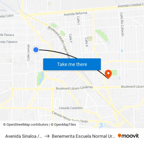 Avenida Sinaloa / Villa Hermosa to Benemerita Escuela Normal Urbana Federal Fronteriza map