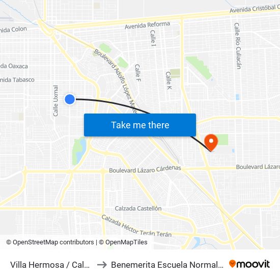 Villa Hermosa / Calzada Independencia to Benemerita Escuela Normal Urbana Federal Fronteriza map