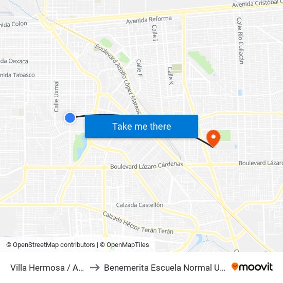 Villa Hermosa / Avenida Guasave to Benemerita Escuela Normal Urbana Federal Fronteriza map