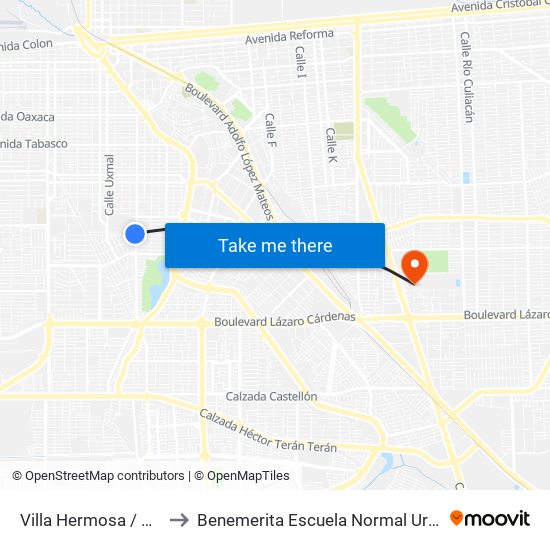 Villa Hermosa / Avenida Cosalá to Benemerita Escuela Normal Urbana Federal Fronteriza map