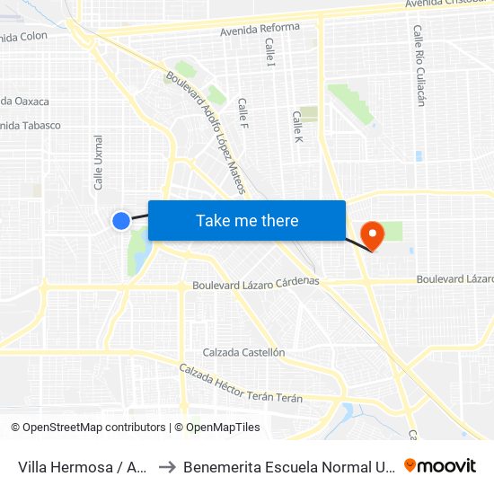 Villa Hermosa / Avenida Tecomán to Benemerita Escuela Normal Urbana Federal Fronteriza map