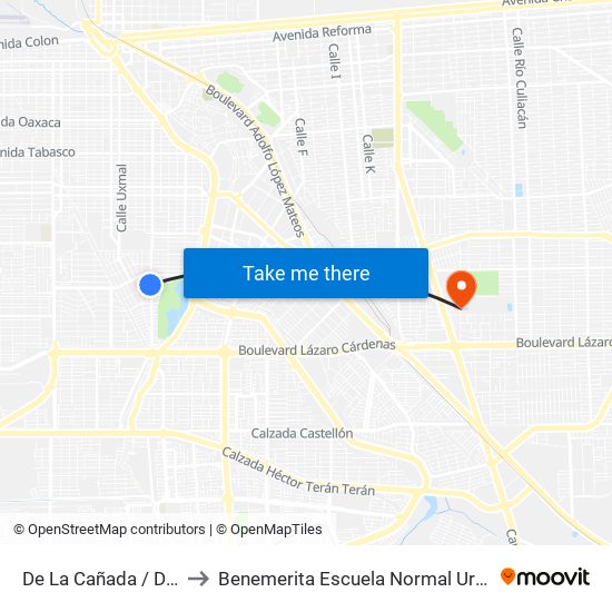 De La Cañada / Del Bosque Sur to Benemerita Escuela Normal Urbana Federal Fronteriza map