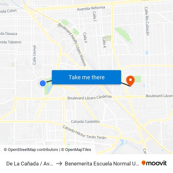 De La Cañada / Avenida Del Arroyo to Benemerita Escuela Normal Urbana Federal Fronteriza map