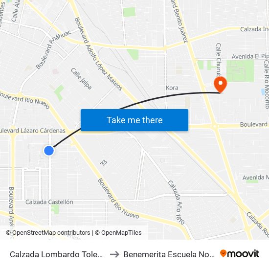 Calzada Lombardo Toledano / Avenida Eleno Hernández to Benemerita Escuela Normal Urbana Federal Fronteriza map