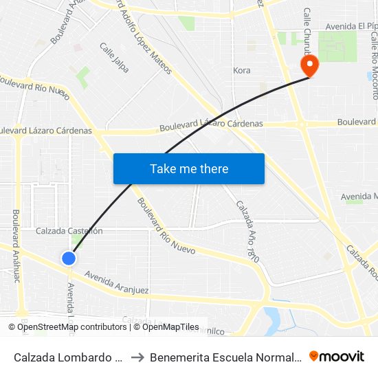 Calzada Lombardo Toledano / Aranjuez to Benemerita Escuela Normal Urbana Federal Fronteriza map