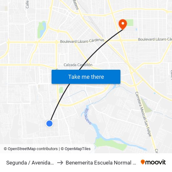 Segunda / Avenida Lago Xochimilco to Benemerita Escuela Normal Urbana Federal Fronteriza map