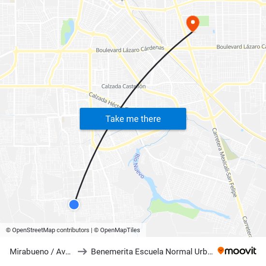 Mirabueno / Avenida Arroniz to Benemerita Escuela Normal Urbana Federal Fronteriza map