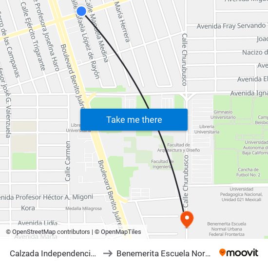 Calzada Independencia / Rafaela López De Rayón to Benemerita Escuela Normal Urbana Federal Fronteriza map