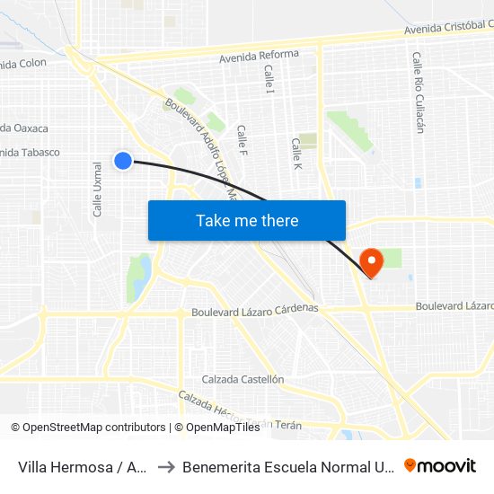 Villa Hermosa / Avenida Veracruz to Benemerita Escuela Normal Urbana Federal Fronteriza map