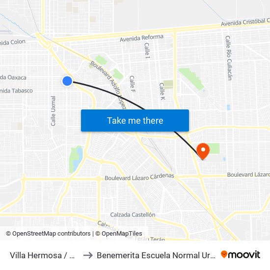 Villa Hermosa / Avenida Puebla to Benemerita Escuela Normal Urbana Federal Fronteriza map