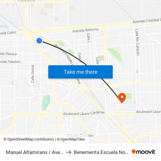 Manuel Altamirano / Avenida Sebastián Lerdo De Tejada to Benemerita Escuela Normal Urbana Federal Fronteriza map