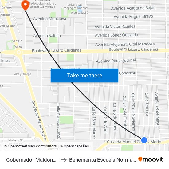Gobernador Maldonado / Avenida Cabildo to Benemerita Escuela Normal Urbana Federal Fronteriza map