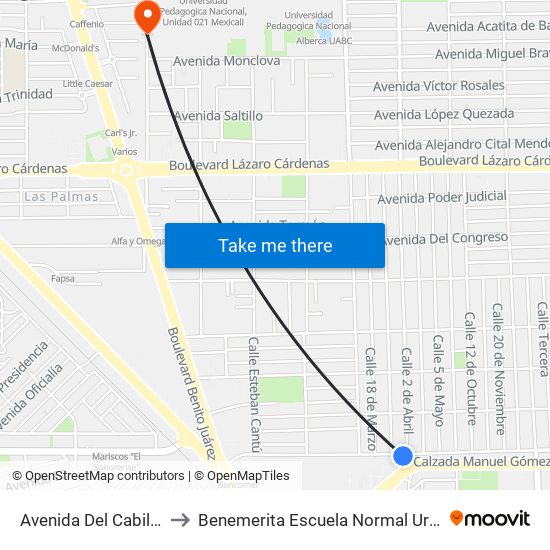 Avenida Del Cabildo / 2 De Abril to Benemerita Escuela Normal Urbana Federal Fronteriza map