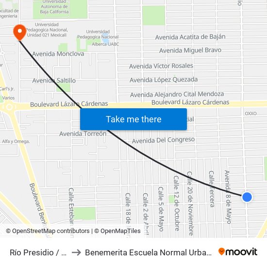 Río Presidio / Cerro Azul to Benemerita Escuela Normal Urbana Federal Fronteriza map