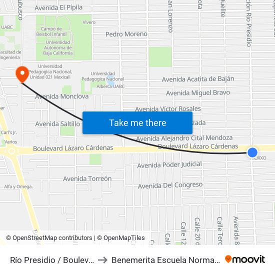 Río Presidio / Boulevard Lázaro Cárdenas to Benemerita Escuela Normal Urbana Federal Fronteriza map