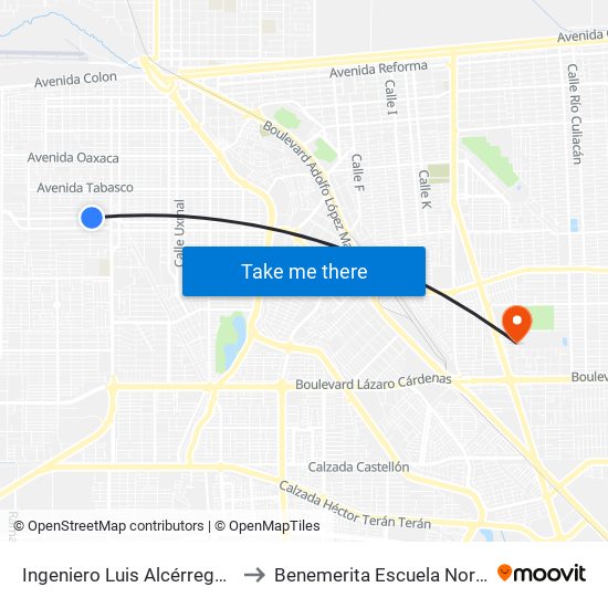 Ingeniero Luis Alcérrega / Bahía De Todos Los Santos to Benemerita Escuela Normal Urbana Federal Fronteriza map