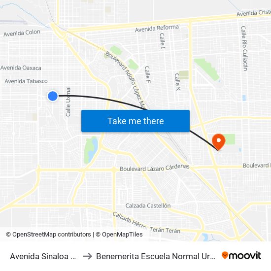 Avenida Sinaloa / Chilpancingo to Benemerita Escuela Normal Urbana Federal Fronteriza map