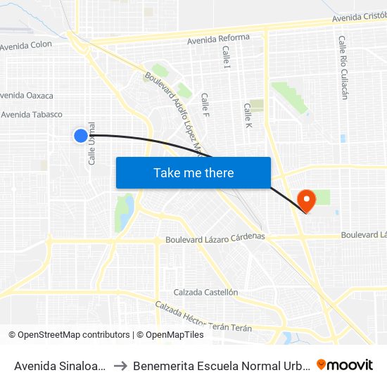 Avenida Sinaloa / Santa Cruz to Benemerita Escuela Normal Urbana Federal Fronteriza map