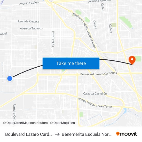 Boulevard Lázaro Cárdenas / Avenida Yugoslavia to Benemerita Escuela Normal Urbana Federal Fronteriza map