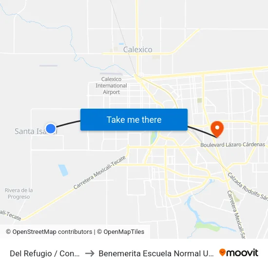 Del Refugio / Continente Europeo to Benemerita Escuela Normal Urbana Federal Fronteriza map