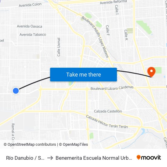Río Danubio / Sierra Bonita to Benemerita Escuela Normal Urbana Federal Fronteriza map