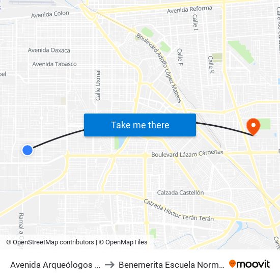 Avenida Arqueólogos / Boulevard Luis Álvarez to Benemerita Escuela Normal Urbana Federal Fronteriza map