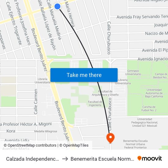 Calzada Independencia / María Fermín Rivera to Benemerita Escuela Normal Urbana Federal Fronteriza map