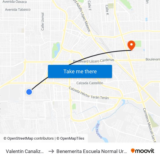 Valentín Canalizó / Federación to Benemerita Escuela Normal Urbana Federal Fronteriza map