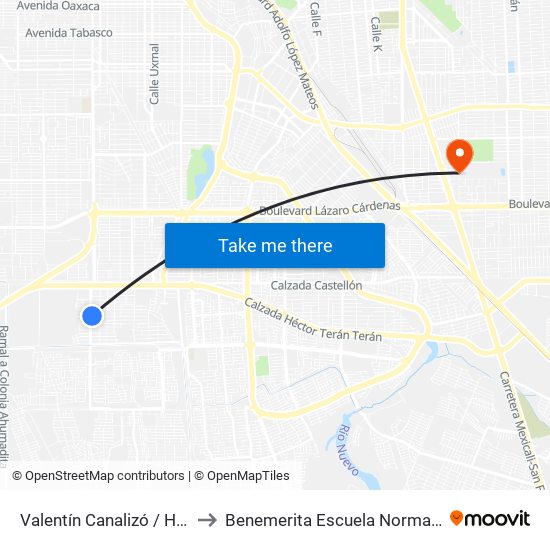 Valentín Canalizó / Heróico Colegio Militar to Benemerita Escuela Normal Urbana Federal Fronteriza map