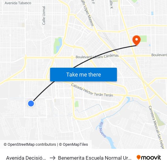 Avenida Decisión / Seguridad to Benemerita Escuela Normal Urbana Federal Fronteriza map