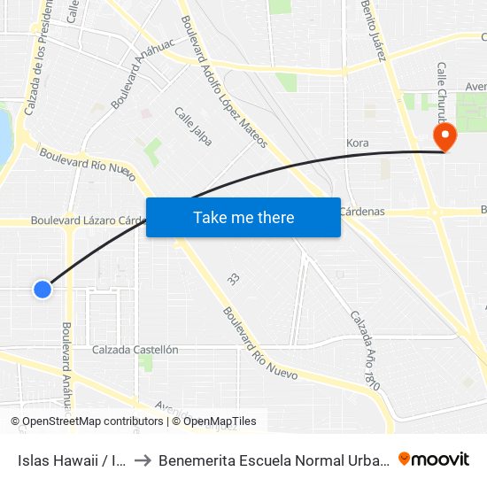 Islas Hawaii / Isla Cedros to Benemerita Escuela Normal Urbana Federal Fronteriza map