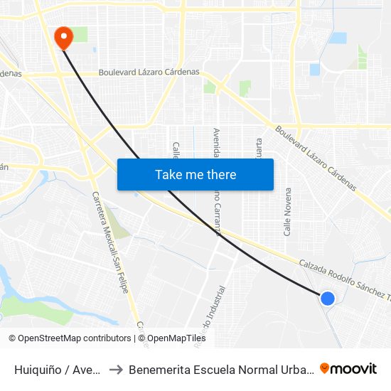 Huiquiño / Avenida Jalpan to Benemerita Escuela Normal Urbana Federal Fronteriza map