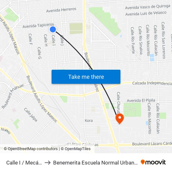 Calle I / Mecánicos Sur to Benemerita Escuela Normal Urbana Federal Fronteriza map