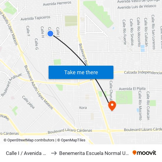 Calle I / Avenida Marmoleros Sur to Benemerita Escuela Normal Urbana Federal Fronteriza map