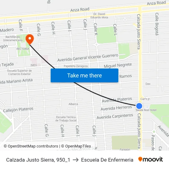 Calzada Justo Sierra, 950_1 to Escuela De Enfermeria map