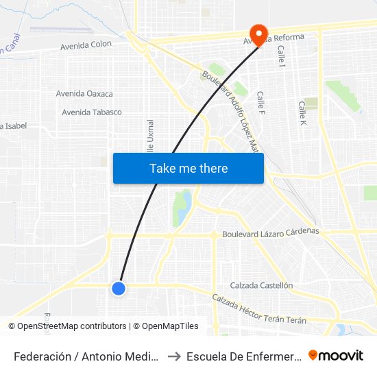 Federación / Antonio Medina to Escuela De Enfermeria map