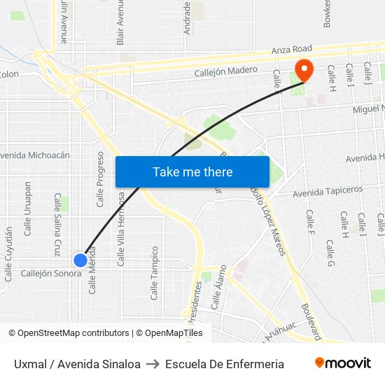Uxmal / Avenida Sinaloa to Escuela De Enfermeria map