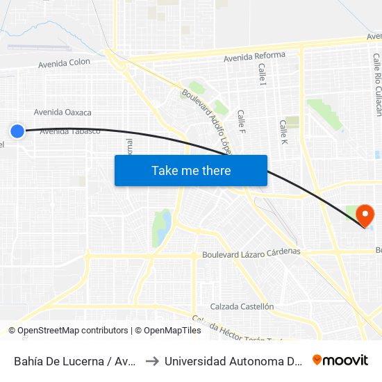 Bahía De Lucerna / Avenida Tabasco to Universidad Autonoma De Baja California map