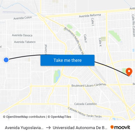 Avenida Yugoslavia / Bélgica to Universidad Autonoma De Baja California map