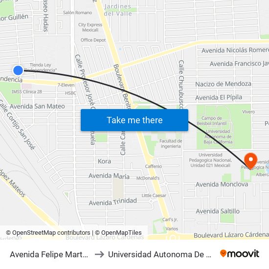 Avenida Felipe Martell / Calle J to Universidad Autonoma De Baja California map