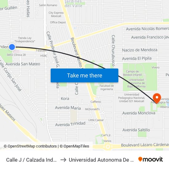 Calle J / Calzada Independencia to Universidad Autonoma De Baja California map