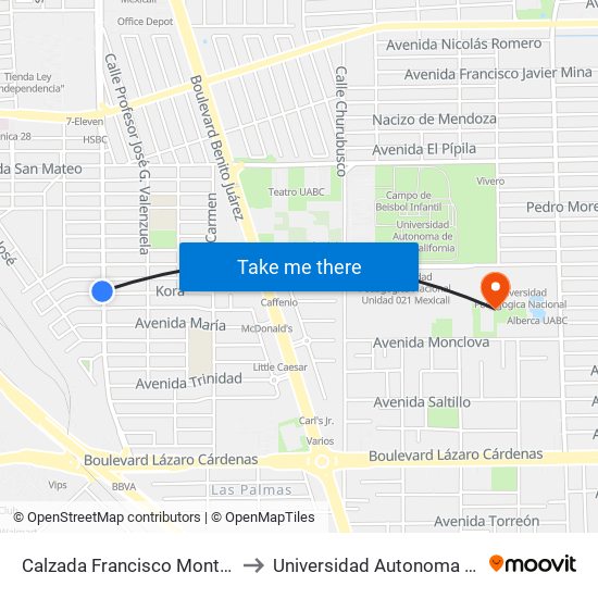 Calzada Francisco Montejano / Zacatepec to Universidad Autonoma De Baja California map
