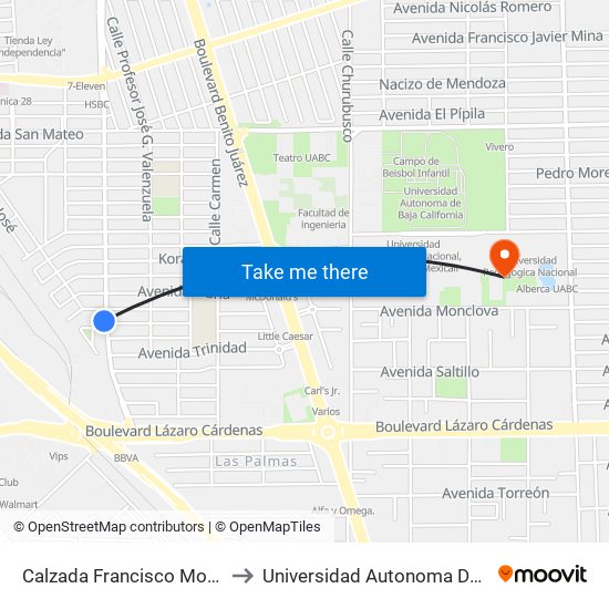Calzada Francisco Montejano / Olga to Universidad Autonoma De Baja California map
