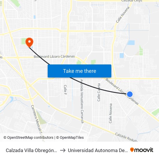 Calzada Villa Obregón / Villa Cortés to Universidad Autonoma De Baja California map