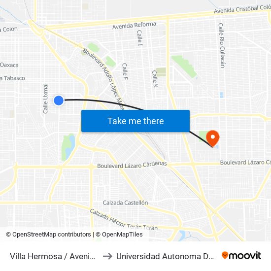 Villa Hermosa / Avenida Tamaulipas to Universidad Autonoma De Baja California map