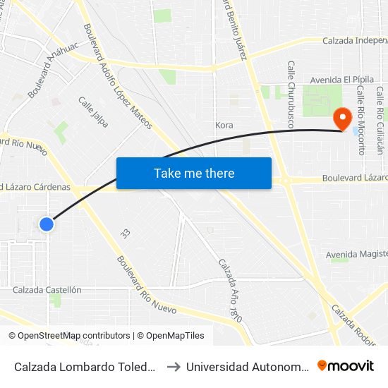 Calzada Lombardo Toledano / Ponciano Orozco to Universidad Autonoma De Baja California map