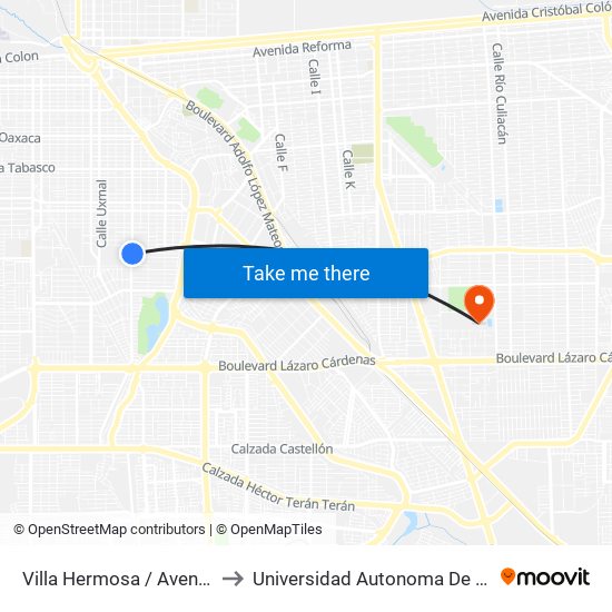Villa Hermosa / Avenida Tlaxcala to Universidad Autonoma De Baja California map