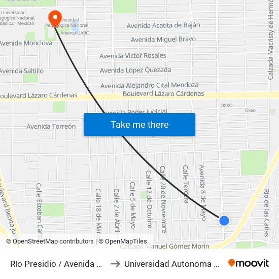 Río Presidio / Avenida Ejército Nacional to Universidad Autonoma De Baja California map