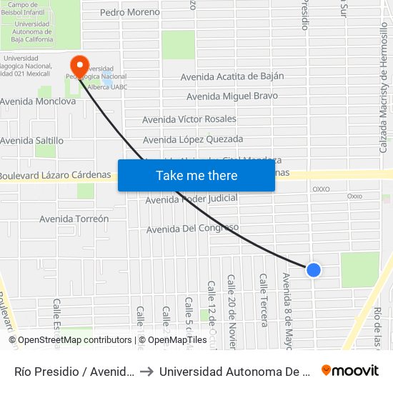 Río Presidio / Avenida Jiquilpan to Universidad Autonoma De Baja California map