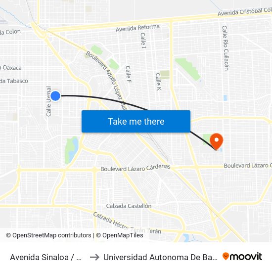 Avenida Sinaloa / Progreso to Universidad Autonoma De Baja California map